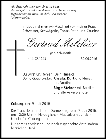 Traueranzeige von Gertrud Melchior von Neue Presse Coburg