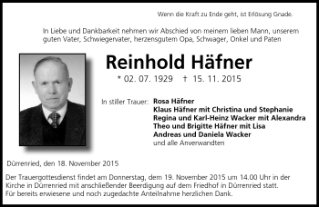 Traueranzeige von Reinhold Häfner von Neue Presse Coburg