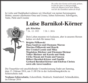 Traueranzeige von Luise Barnikol-Körner von Südthüringer Presse