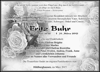 Traueranzeige von Fritz Buhr von Südthüringer Presse