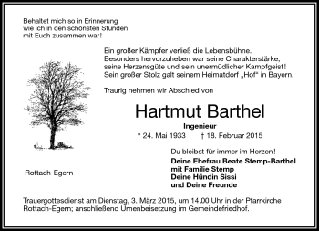 Traueranzeige von Hartmut Barthel von Frankenpost