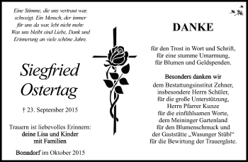 Traueranzeige von Siegfried Ostertag von Südthüringer Presse