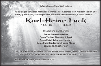 Traueranzeige von Karl-Heinz Luck von Südthüringer Presse