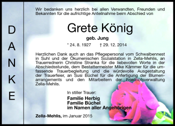 Traueranzeige von Grete König von Südthüringer Presse
