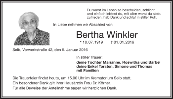 Traueranzeige von Bertha Winkler von Frankenpost