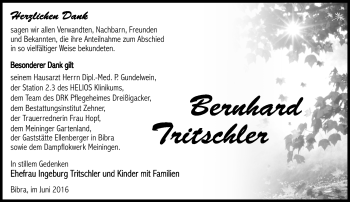 Traueranzeige von Bernhard Tritschler von Südthüringer Presse