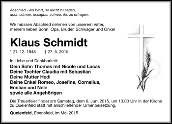 Traueranzeige von Klaus Schmidt von Südthüringer Presse