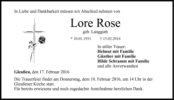 Traueranzeige von Lore Rose von Neue Presse Coburg