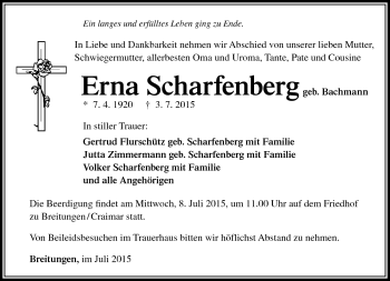 Traueranzeige von Erna Scharfenberg von Südthüringer Presse
