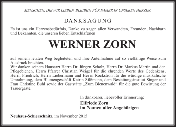 Traueranzeige von Werner Zorn von Südthüringer Presse