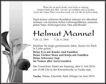 Traueranzeige von Helmut Mannel von Südthüringer Presse