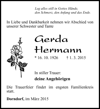 Traueranzeige von Gerda Hermann von Südthüringer Presse