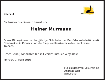 Traueranzeige von Heiner Murmann von Neue Presse Coburg