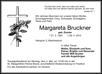 Traueranzeige von Margareta Bruckner von Frankenpost