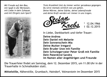 Traueranzeige von Stefan Krebs von Südthüringer Presse