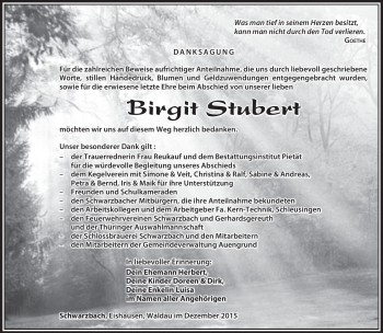 Traueranzeige von Birgit Stubert von Südthüringer Presse