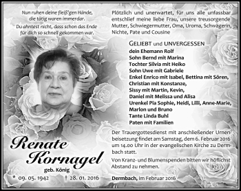 Traueranzeige von Renate Kornagel von Südthüringer Presse