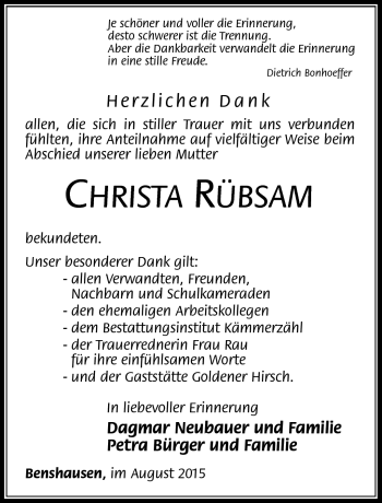 Traueranzeige von Christa Rübsam von Südthüringer Presse