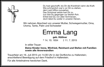 Traueranzeige von Emma Lang von Frankenpost