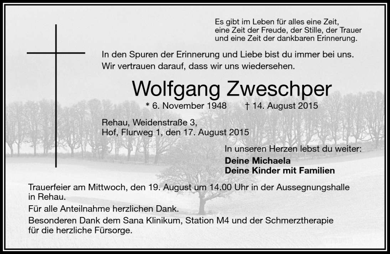  Traueranzeige für Wolfgang Zweschper vom 17.08.2015 aus Frankenpost