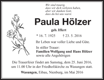 Traueranzeige von Paula Hölzer von Südthüringer Presse