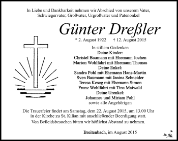 Traueranzeige von Günter Dreßler von Südthüringer Presse