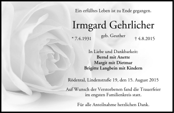 Traueranzeige von Irmgard Gehrlicher von Neue Presse Coburg