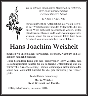 Traueranzeige von Hans Weisheit von Südthüringer Presse
