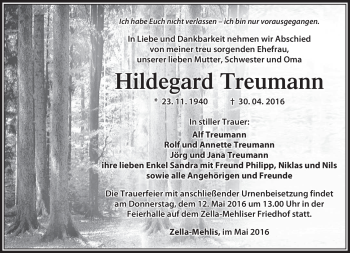 Traueranzeige von Hildegard Treumann von Südthüringer Presse