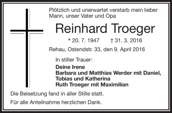 Traueranzeige von Reinhard Tröger von Frankenpost