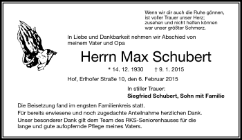 Traueranzeige von Max sCHUBERT von Frankenpost