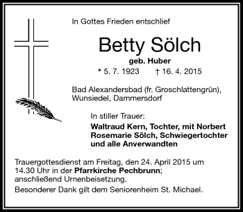 Traueranzeige von Betty Sölch von Frankenpost