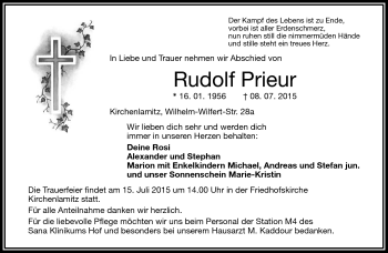 Traueranzeige von Rudolf Prieur von Frankenpost