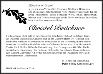 Traueranzeige von Christel Brückner von Südthüringer Presse