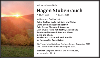 Traueranzeige von Hagen Stubenrauch von Südthüringer Presse