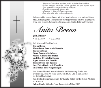 Traueranzeige von Anita Brenn von Südthüringer Presse