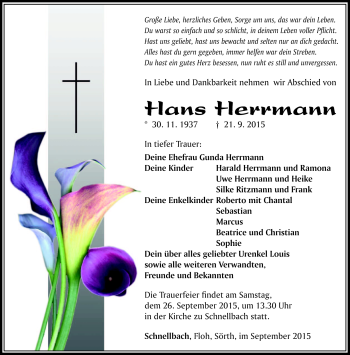 Traueranzeige von Hans Herrmann von Südthüringer Presse