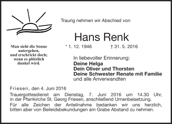Traueranzeige von Hans Rank von Neue Presse Coburg