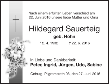 Traueranzeige von Hildegard Sauerteig von Neue Presse Coburg
