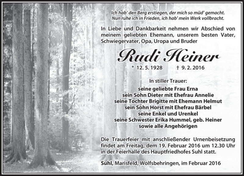  Traueranzeige für Rudi Heiner vom 13.02.2016 aus Südthüringer Presse