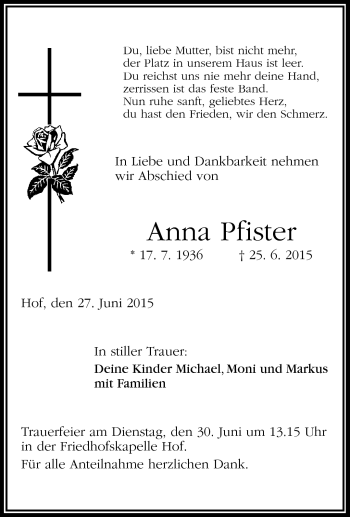 Traueranzeige von Anna Pfister von Frankenpost