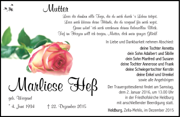 Traueranzeige von Marliese Heß von Südthüringer Presse