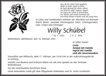 Traueranzeige von Willy Schübel von Frankenpost