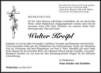 Traueranzeige von Walter Kreipl von Südthüringer Presse