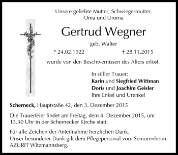 Traueranzeige von Gertrud Wegner von Neue Presse Coburg