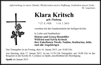 Traueranzeige von Klara Kritsch von Südthüringer Presse