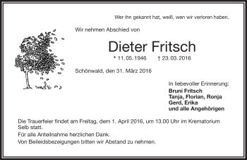Traueranzeige von Dieter Fritsch von Frankenpost