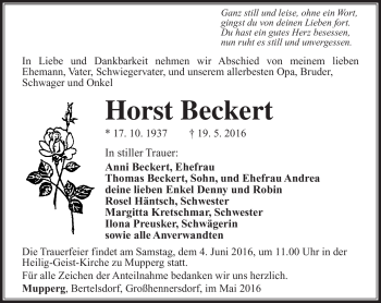 Traueranzeige von Horst Beckert von Südthüringer Presse