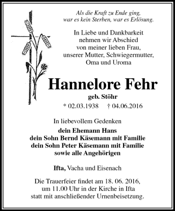 Traueranzeige von Hannelore Fehr von Südthüringer Presse