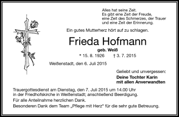 Traueranzeige von Frieda Hofmann von Frankenpost